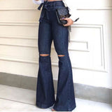 Women Denim Tie Waist Flare Jeans Boyfriend Jeans Ladies High Waist Skinny Bell Bottom Jeans Pants Autumn Wide Leg Jeans