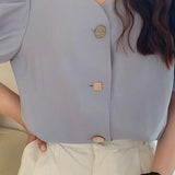 Women Square Collar Puff Sleeve Button Korean Style Elegant Chiffon Trendy Female Top Blusas All-match Summer Popular