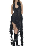 Sexy Y2K Ruffles Fairy Dresses Halter 3D Flower Dress Asymmetrical Mesh See Through Beach Party Club Outfits