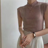Sleeveless Knit Top Women Turtleneck Summer Korean Fashion Bodycon Corset Tank Top White Beige Khaki Fashion Top