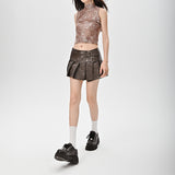 Women's Leather Skirt Fashion 2024 New Y2k Korean Low Rise Mini Skirt Knee Length Female Sexy Pleated Skirts Dark Brown