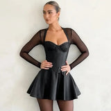 Black Long Sleeve Mesh PU Leather Mini Dress- Outfit
