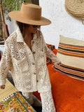 Women's Floral Hollowed Out Crochet Knitted Shirt Fashion Lapel Single Breasted Outwear 2024 Summer High Street Sweater
