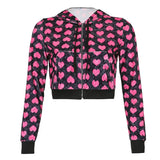 Velvet Heart Print Cropped Top Bomber Jacket Women Autumn Cute Pink Long Sleeve Coats Zipper Winter 90s