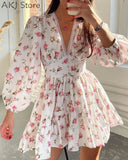 Floral Print Lantern Sleeve V Neck Lace Hem Ruched A-Line
