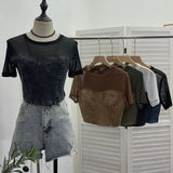 Real Shooting 2024 Summer Denim Splicing Mesh Yarn Short-Sleeved T-Shirt Design Fake Two Hot Girl Short Top