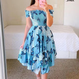 Vacation Dress Women Cold Shoulder Colorful High Low Dress Casual Vintage Party Dress Midi Robe