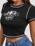 Women's Stylish Angel Letter Printed T-Shirt Short Sleeve Round Neck Contrast Stitch Slim Fit Wild Casual Crop Tops for