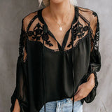 Sexy Lantern Sleeve Hollow Out Loose Chiffon Blouse Women Elegant Embroidery Lace Mesh Shirt Casual White Black