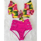Ruffled Hem Bikini Set Women Flora V-Neck High-Waisted Two Piece Swimsuit 2023 Girl Beach Bathing Suit Swimwear