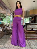 New Summer Solid Women Jumpsuit Sleeveless O-neck Naked Waist Wide Leg Long Pant Bodysuit Fashion Fit Casual