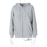 Y2K Fashion Rhinestone Zipper Oversized Hoodies E-girl Vintage Solid Letter Long Sleeve Black Sweatshirts Autumn