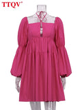 Sexy Halter Lace-Up Mini Dress Ladies Autumn Puff Sleeve Hollow Out Vintage Dress Elegant Ruched Party Dresses For