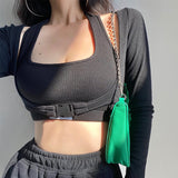Autumn Sexy Letter Print Short Umbilical Tops Tank Full Sleeve Tops Vest Two-piece Womens Tops Cotton