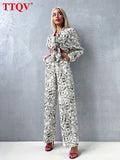 Fashion Loose Print 2 Piece Sets Womens Outfits Casual Lapel Long Sleeve Shirts And High Waisted Trousers Sets