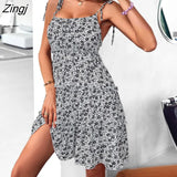 Dress for Women Summer Dresses 2022 New Elegant Ruffle Hem Fold Elastic High Waist Slim A-line Mini Floral Print Slip