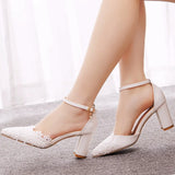7 Cm Thick Heel Sharp-Headed Hollow Sandals Spring Square Heeled Women's Shoes White Lace Bride High