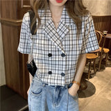 Shirts Women Plaid Crop Top Vintage Korean Style Sweet Notched Ins Fashion Slender Leisure Chic All-match Summer