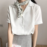 Blouse Shirt For Women Fashion Short Sleeve V Neck Casual Office Lady White Shirts Tops Japan Korean Style