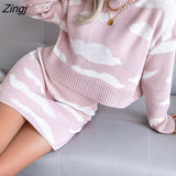 Sweet White cloud printed Two-Piece skirts sets Women's New O Neck Long-Sleeved Loose Sweater with skirts 2 piece