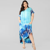 New Cross Border Popular Tie Dye Printing Straight Tube Loose Large Size Short Sleeve Vestidos Beach Boho Summer Plus