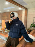 Navy Blue Bow Stripe Puffer Jacket- Outfit