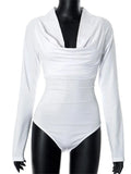 White V-Neck Draped Long Sleeve Bodysuit- Outfit