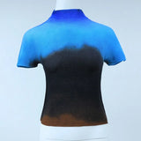 Gradient Waffle Texture High Neck Short Sleeve Top-Outfit