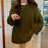 Zingj Thick Twist Pure Color Loose Sweater Female Autumn Dong New Round Collar Lazy Wind Sweater Jacket-Outfit