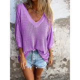 For The New T-Shirt Women's Hollow Long-Sleeved Knitted Shirt Languid Style Design V Collar Sunscreen Sexy