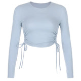 O-Neck Long Sleeve Bodycon Cropped Tops Autumn 2020 Women Irregular Drawstring Bandage Knitted Solid