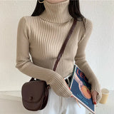Winter Knitted Turtleneck Sweater Basic Rib Fall Casual Slim Pullover Womens Elasticity Jumper Pull Femme With Thumb