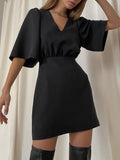 Luxury black short sleeve summer women dress Sexy V-neck solid High Street dress Elegant A-line ladies mini