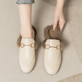 Half Slippers Woman 2025 Winter Real Rabbit Hair Round Head Lazy Man One Foot Outside Wearing Flat-Soled Muller Shoes Large-Size