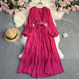 Zingj And Summer New Light Mature Temperament French Socialite Long Sleeve Waist Show Thin Dress Female Waist Pleated V Neck