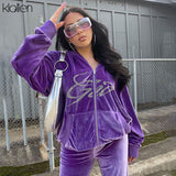 Autumn Fashion Letter Diamond Hooded Zipper Coat and Wide Leg Pants Two Piece Set For Women Casual Loose Streetwear