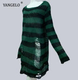 Gothic Long Unisex Sweater Summer Women Striped Cool Hollow Out Hole Broken Jumper Loose Rock Thin Dark Streetwear