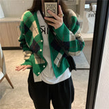 Zingj And Winter New College Temperament Small Knit Coat Female Retro British Wind Diamond Grid V-Neck Sweater Cardigan-Outfit