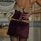 Purple Velvet Corset Crop Top And Mini Skirt Set- Outfit