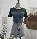Real Shooting 2024 Summer Denim Splicing Mesh Yarn Short-Sleeved T-Shirt Design Fake Two Hot Girl Short Top