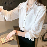 Autumn Korean Style Elegant Fashion Shirt Women Polo-neck Long Sleeve Chiffon Blouse Femme Simple Solid All-match