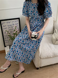 Kitty Summer Gentle Florals Retro Long Dress Slim Women 2022 New Casual Puff Sleeve Sweet Lady Printed Holiday Chic