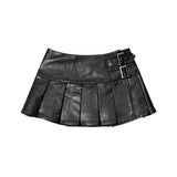 Women's Leather Skirt Fashion 2024 New Y2k Korean Low Rise Mini Skirt Knee Length Female Sexy Pleated Skirts Dark Brown