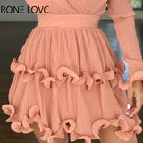 Women Elegant Fashion Sexy Deep V Ruffles Mini Dress Mini Dress Party