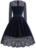 Women Winter Lace Long Sleeve Sexy Evening Party Hepburn 50s Elegant Vintage Autumn Dress Belt