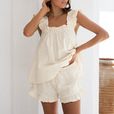 Cotton Women Pajama Robe Sets Casual Ruffles Tops + Shorts Woman 2 Pieces Sets Nightgown Sleepwear