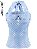 Pinup Summer Top Blue Backless Halter Top Lace Up Cute Party Beach Summer T Shirt Women Retro 50s Party Chic Wrap