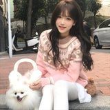 Pink Jacquard Bow Knitted Cardigan- Outfit