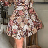 Women Chic Lantern Sleeves Detail Ruffles Hem Floral Print Hollow Out A-line Party Mini Sexy
