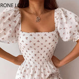 Women Elegant Square Collar Edible Tree Fungus Disty Floral Print Folds A-line Midi Sweet Party